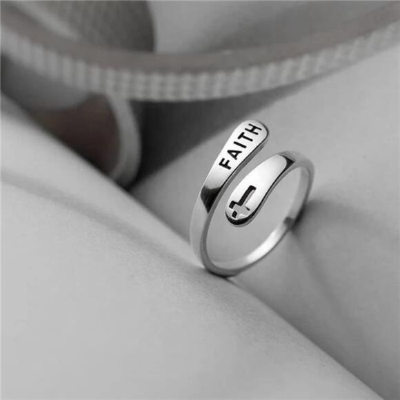Faith Cross Sterling Silver Open Statement Rings Adjustable Minimalist Hope Love - Picture 5 of 7